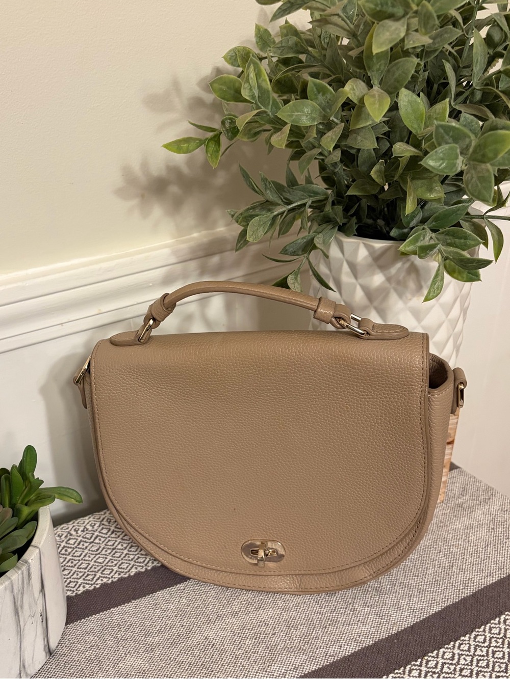 Draper James Taupe Leather Saddle Bag with Top Handle